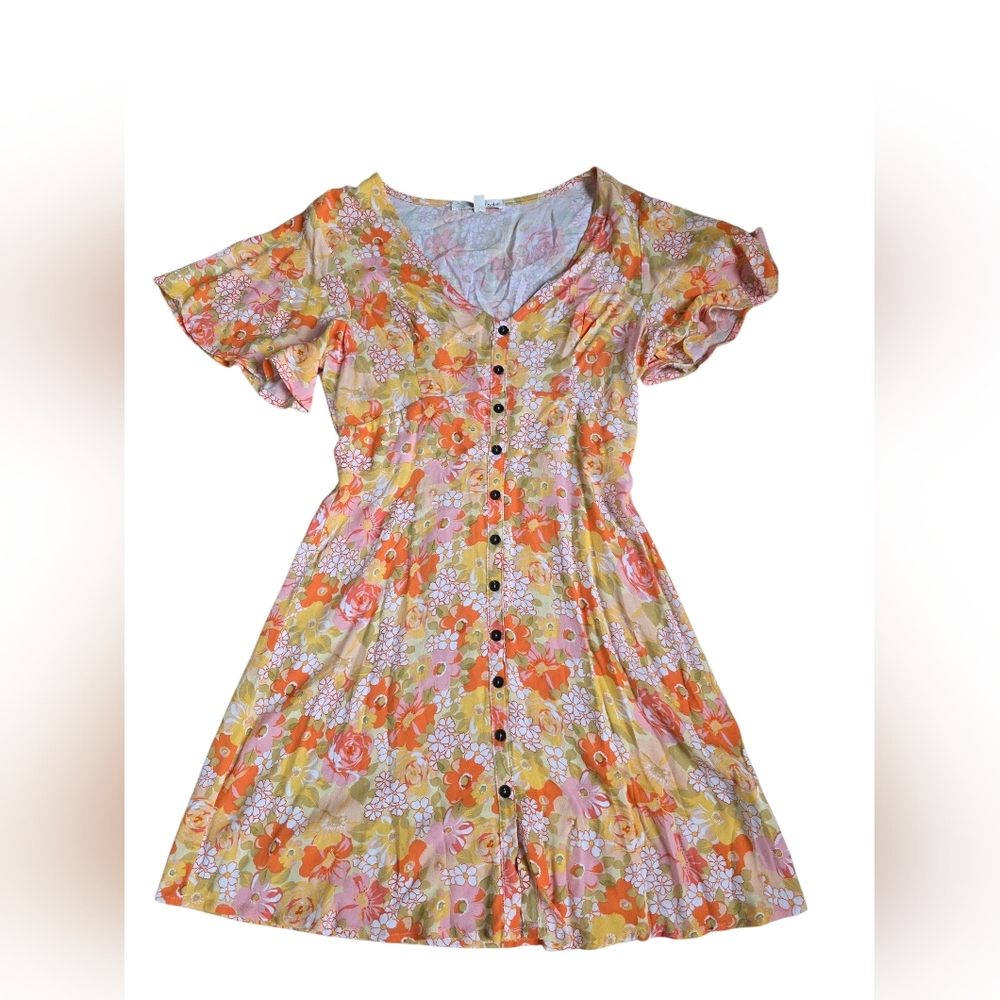 Kohl's Retro Floral Print Button Front Mini Dress Butterfly Sleeves Size M NWT